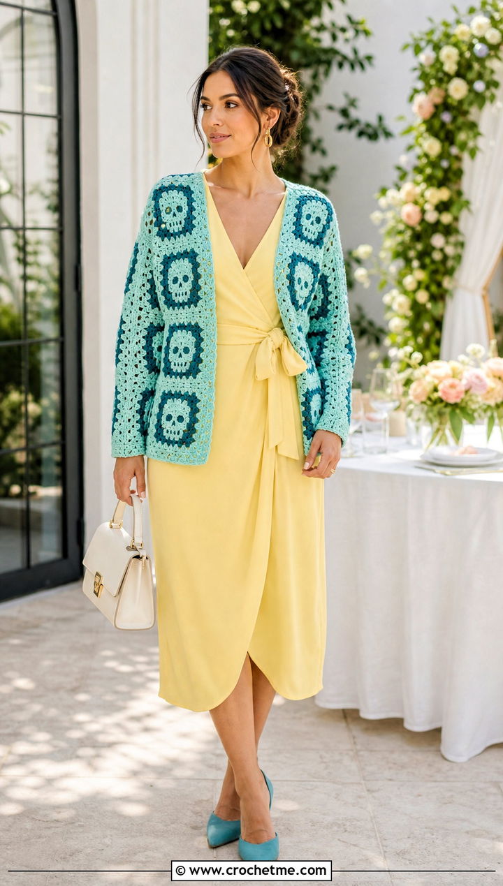 Skull Granny Square Cardigan With Wrap Dress - 30 skull granny square cardigan outfit ideas