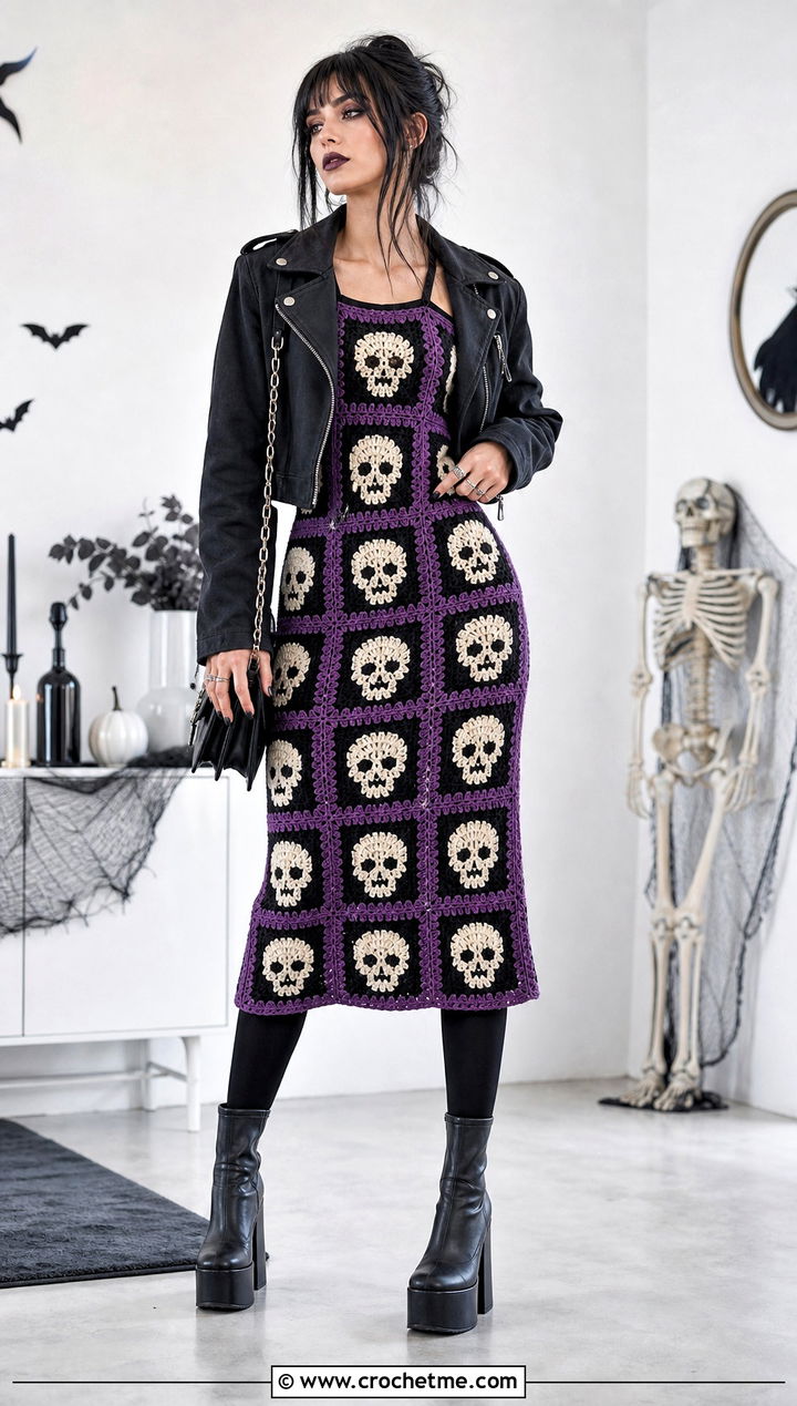 Skull Granny Square Crochet Dress Outfit - 25 Crochet Halloween Clothes and outfit ideas