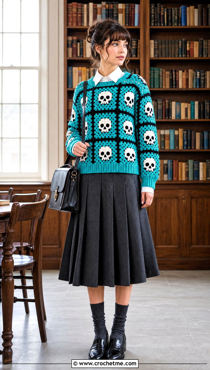 Skull Granny Square Crochet Halloween Sweater With Pleated Skirt - 35 Crochet Halloween Sweater outfit ideas