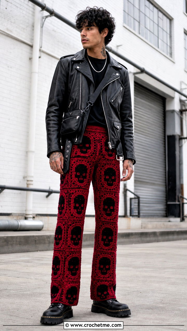 Skull Granny Square Crochet Pants With Leather Jacket - 30 mens crochet pants outfit ideas