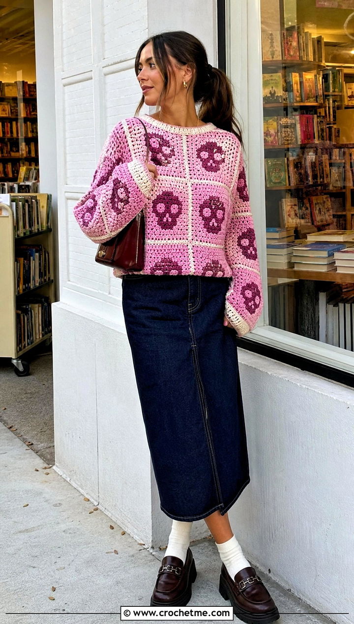 Skull Granny Square Crochet Skeleton Sweater With Denim Skirt - 30 Crochet Skeleton Sweater outfit ideas