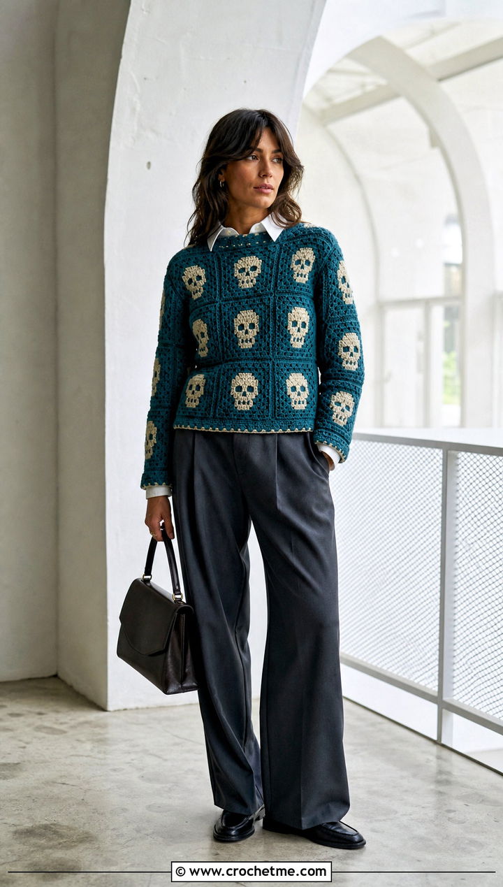 Skull Granny Square Crochet Sweater With Tailored Trousers - 15 Spooky Crochet Sweater outfit ideas
