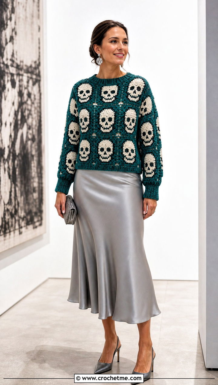 Skull Granny Square Halloween Sweater With Satin Midi Skirt - 15 Crochet Granny Square Halloween Sweater outfit ideas