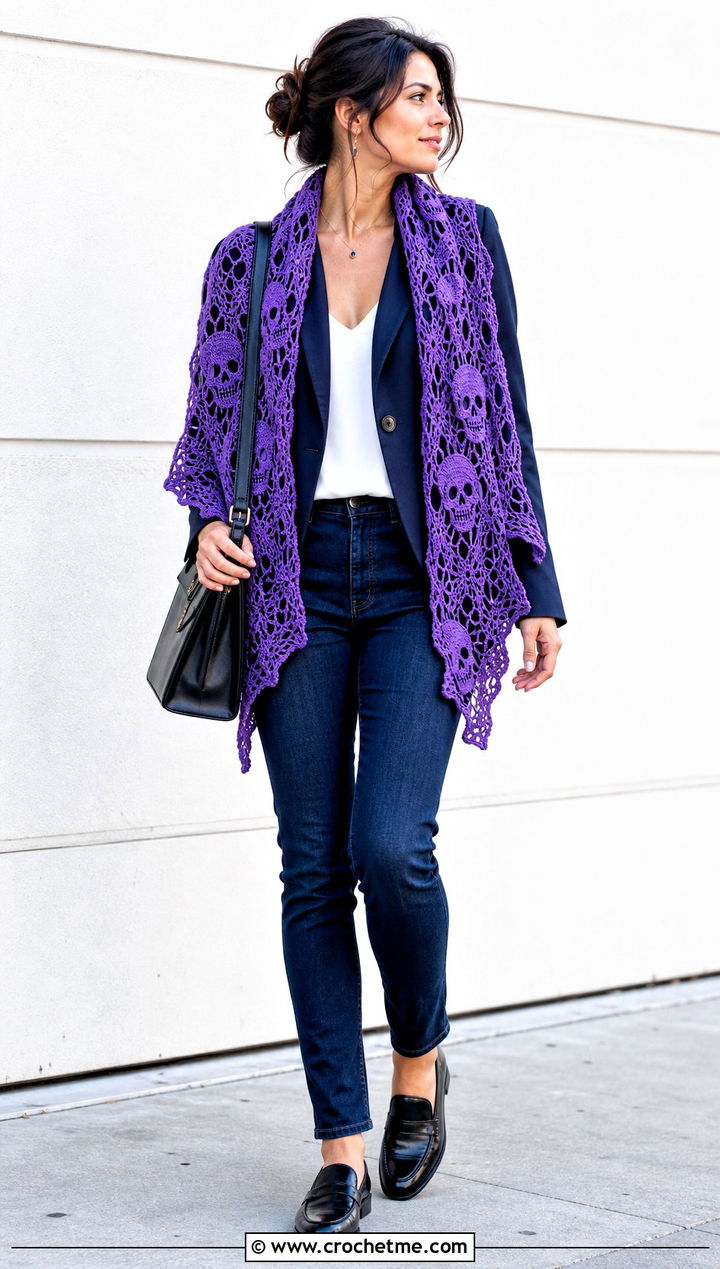 Skull Lace Crochet Shawl With a Blazer and Jeans - 35 crochet skull shawl outfit ideas