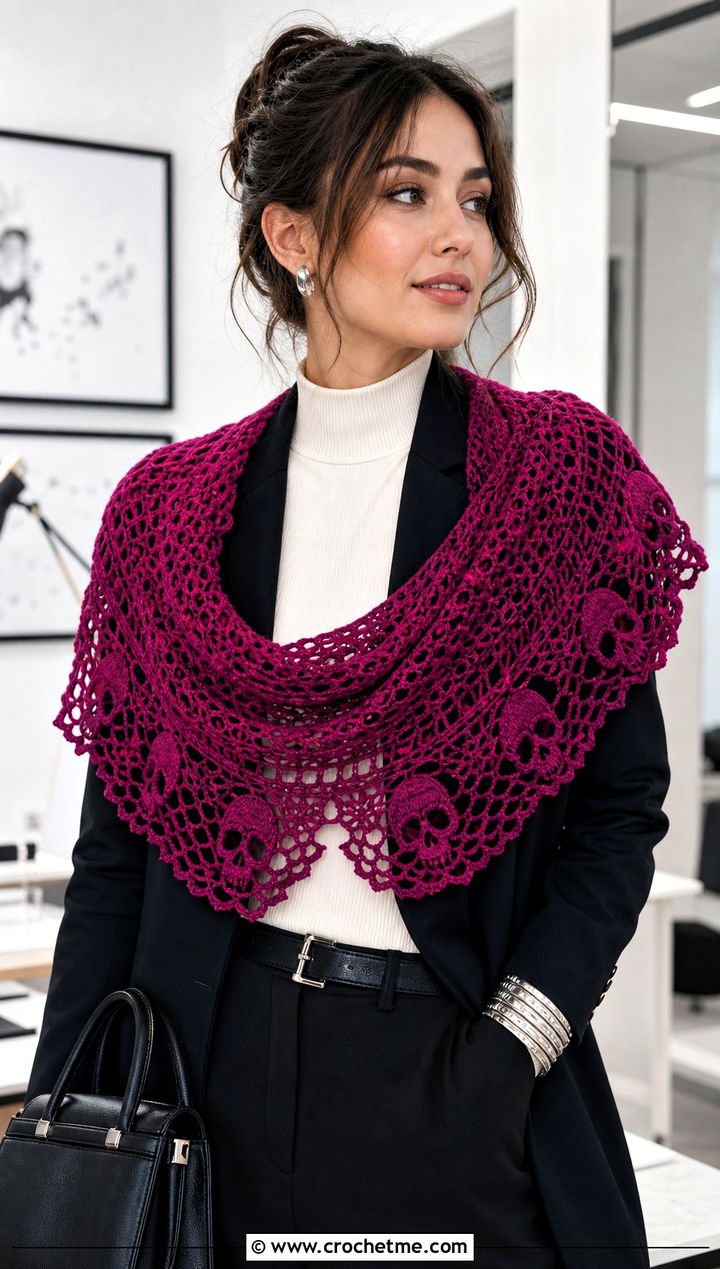 Skull Lace Half Circle Witch Crochet Shawl With Tailored Trousers - 15 Witch Crochet Shawl outfit ideas