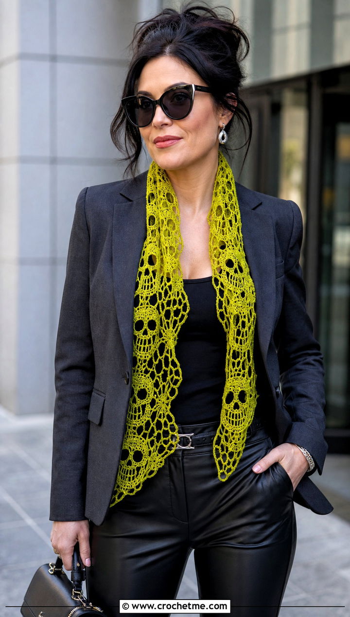 Skull Lace Shawl With Blazer and Leather Pants - 25 halloween crochet shawl outfit ideas