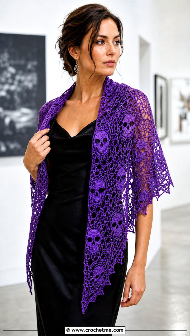 Skull Lace Triangle Halloween Scarf With Satin Dress - 20 crochet halloween scarf outfit ideas