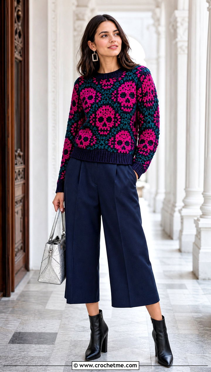 Skull Mosaic Crochet Sweater With Culottes - 35 crochet skull sweater outfit ideas