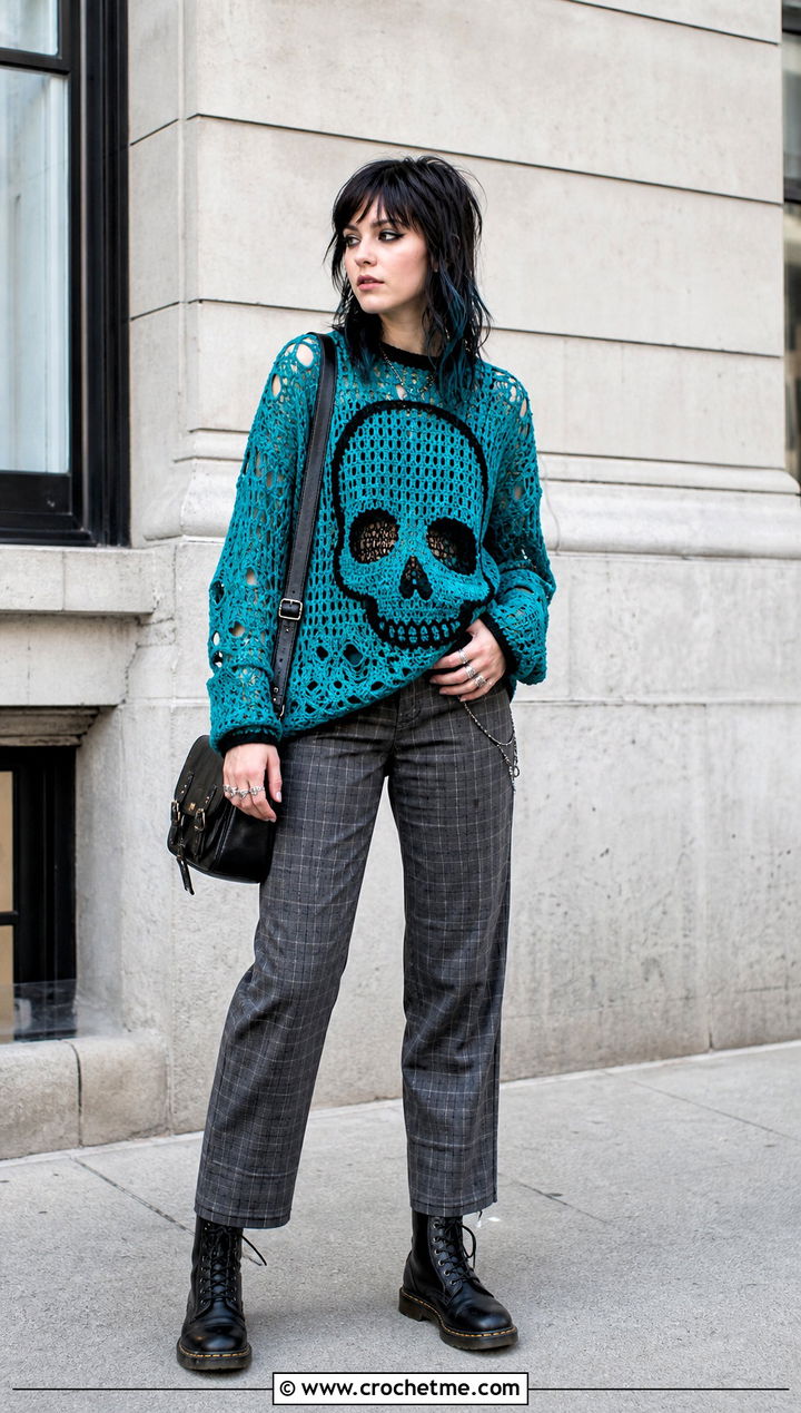 Skull Motif Crochet Grunge Sweater With Plaid Trousers - 30 crochet grunge sweater outfit ideas