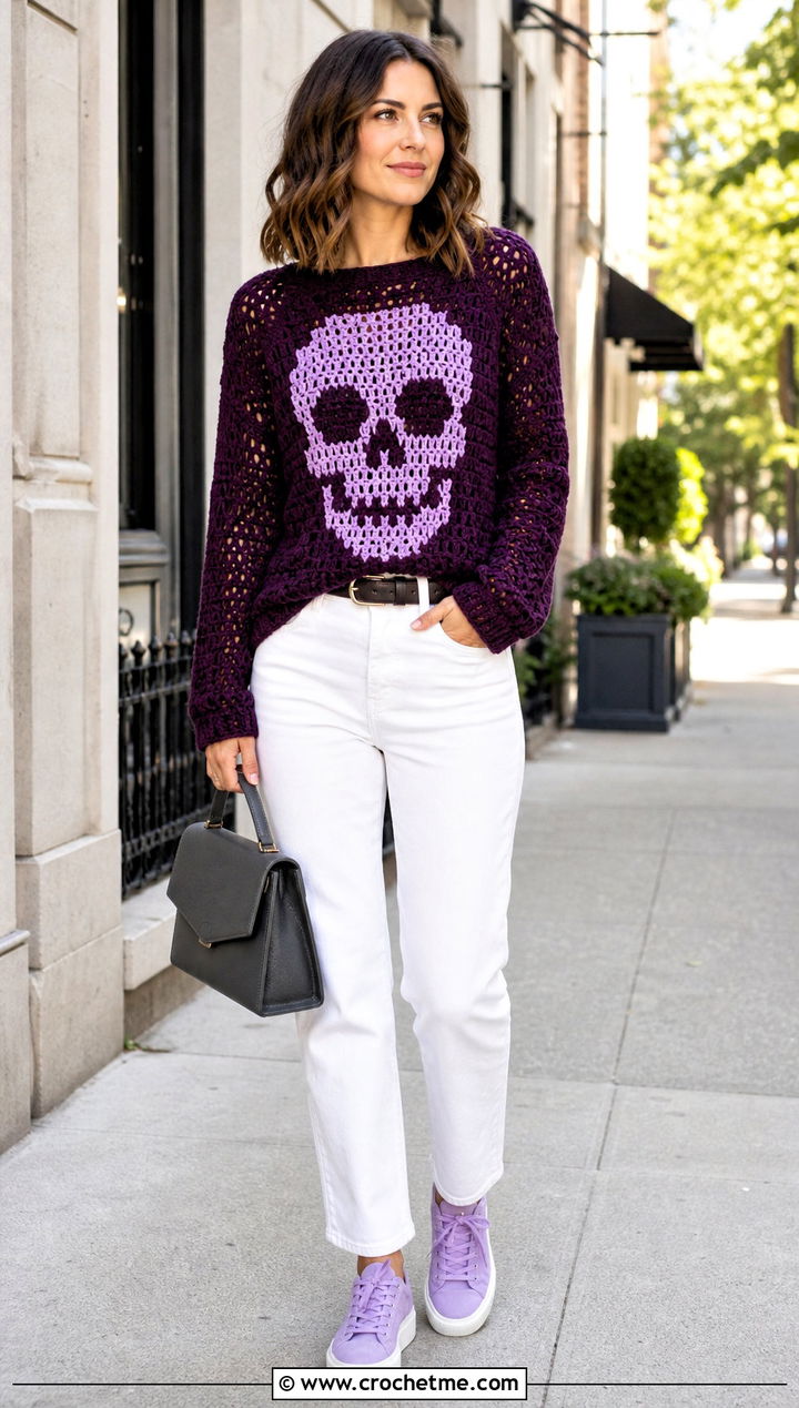 Skull Motif Crochet Sweater With White Jeans - 35 crochet skull sweater outfit ideas