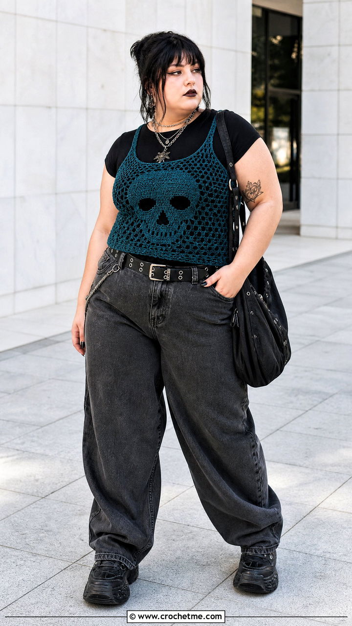 Skull Motif Crochet Tank Top With Baggy Jeans - 35 goth crochet top outfit ideas