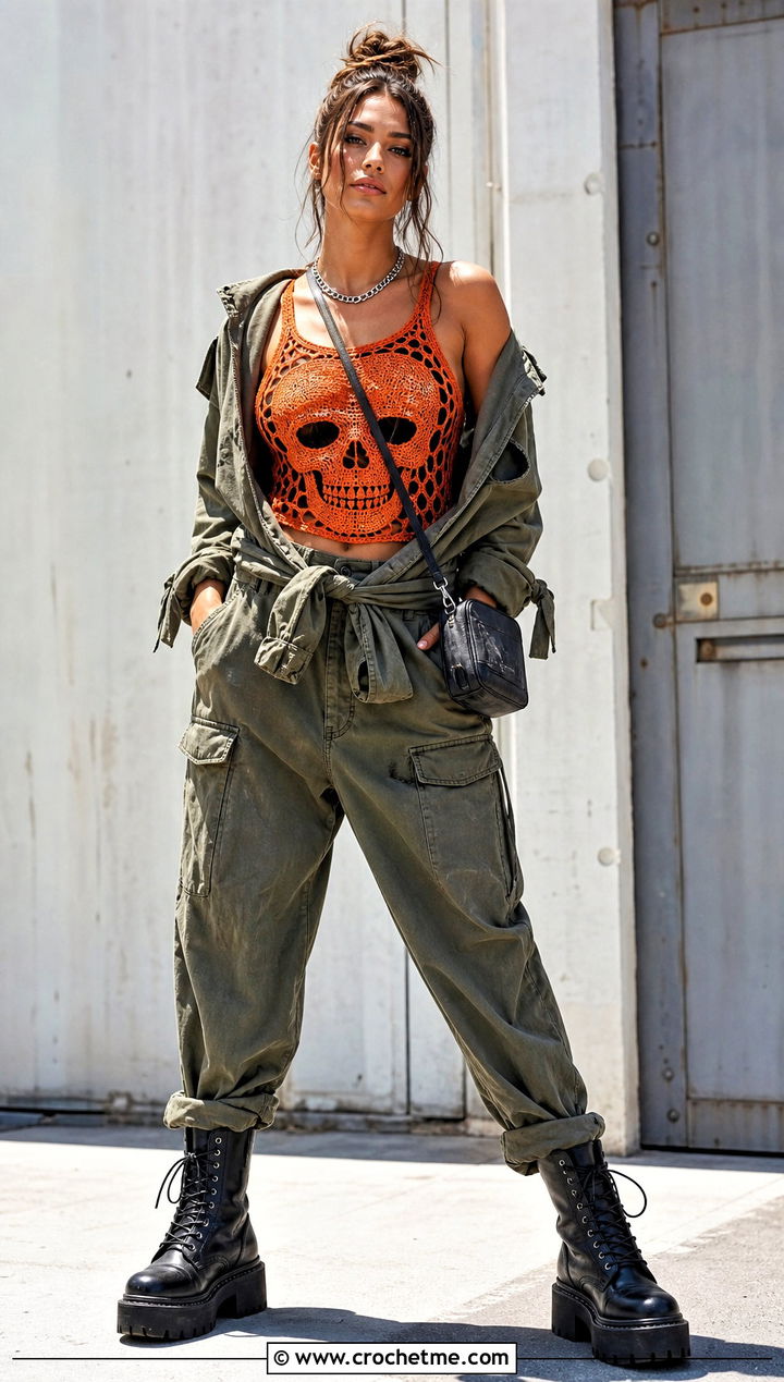 Skull Motif Crochet Top With Utility Jumpsuit - 35 grunge crochet top outfit ideas