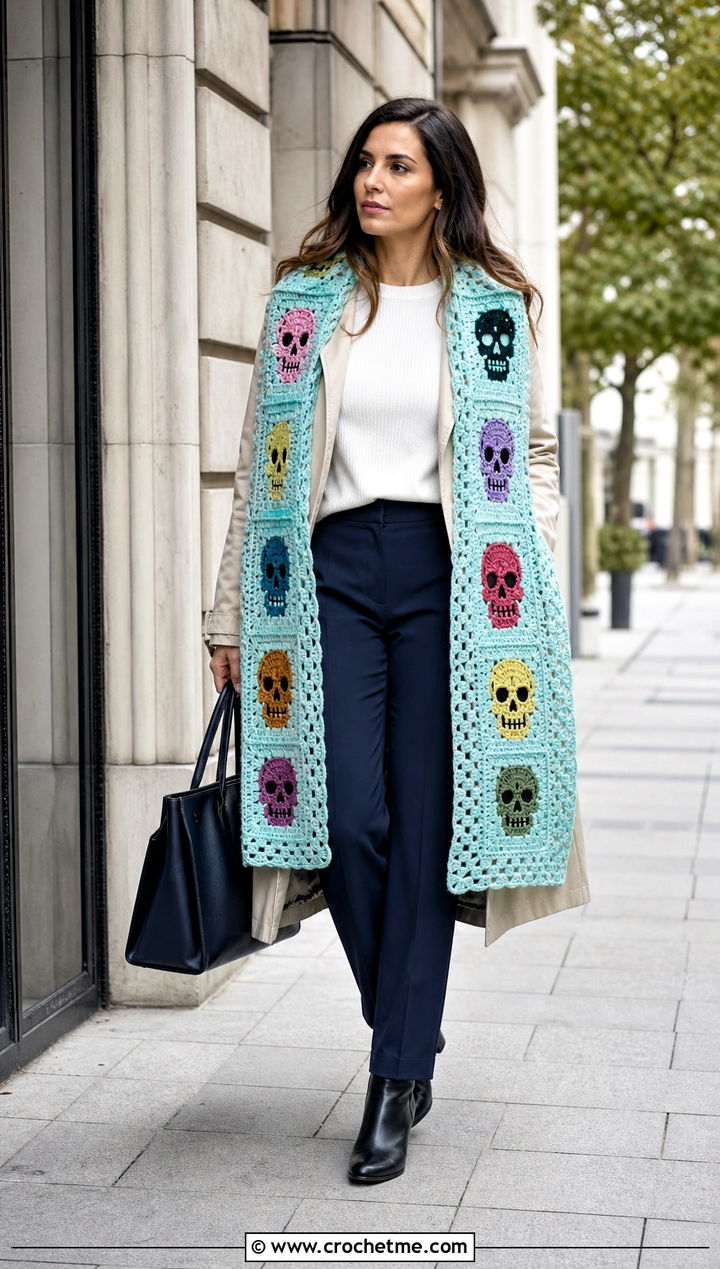 Skull Motif Crochet Wrap With a Trench Coat - 35 crochet skull shawl outfit ideas
