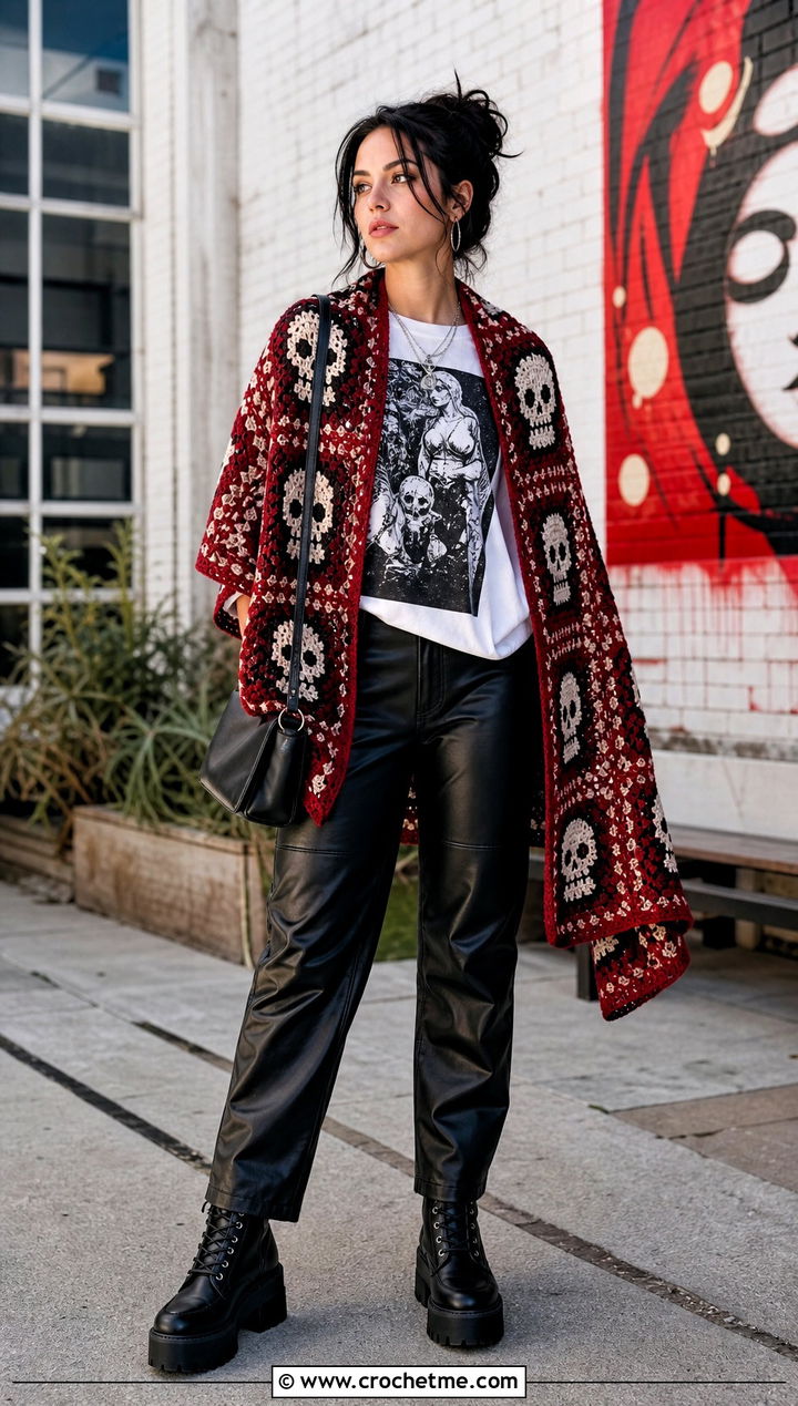 Skull Motif Granny Square Shawl With Graphic Tee And Leather Pants - 35 granny square shawl outfit ideas