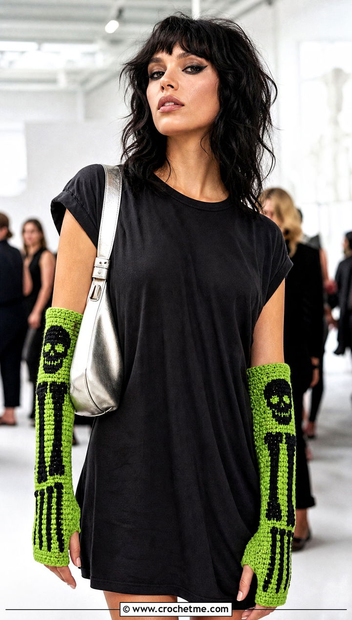 Skull Motif Skeleton Crochet Arm Warmers With Mini Dress - 15 Skeleton Crochet Fingerless Gloves outfit ideas