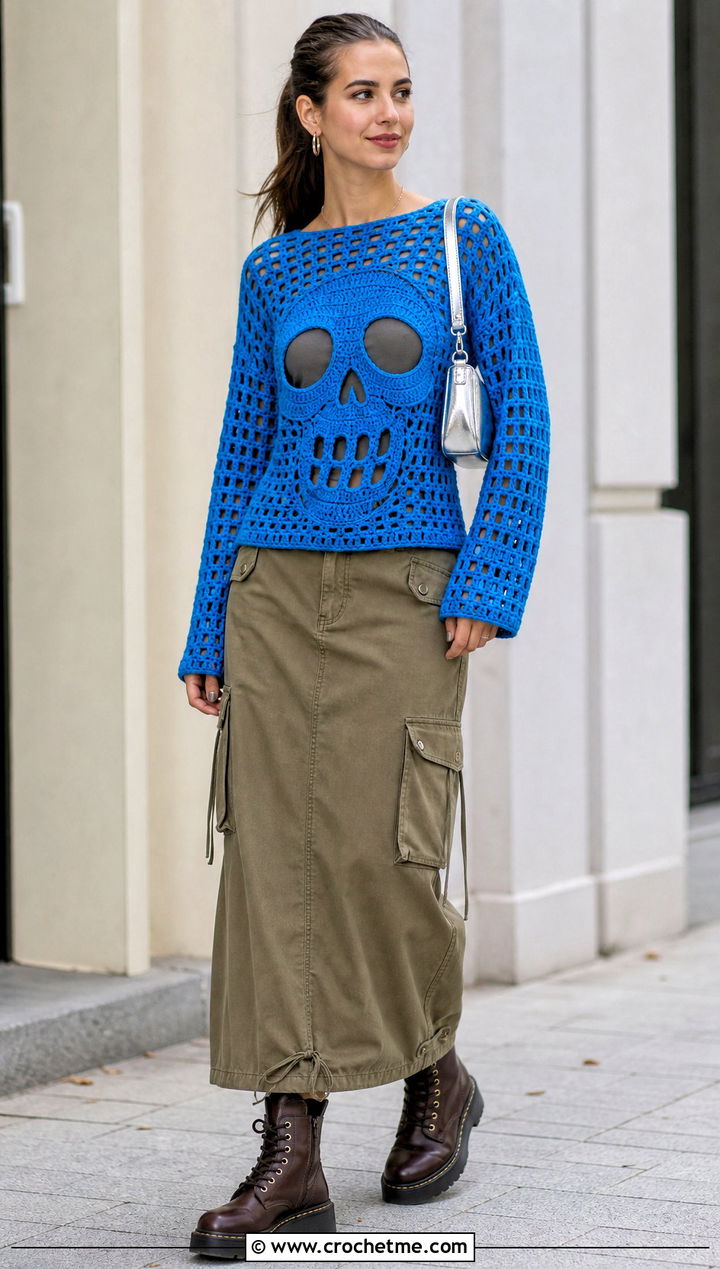 Skull Panel Crochet Sweater With Cargo Maxi Skirt - 35 crochet skull sweater outfit ideas