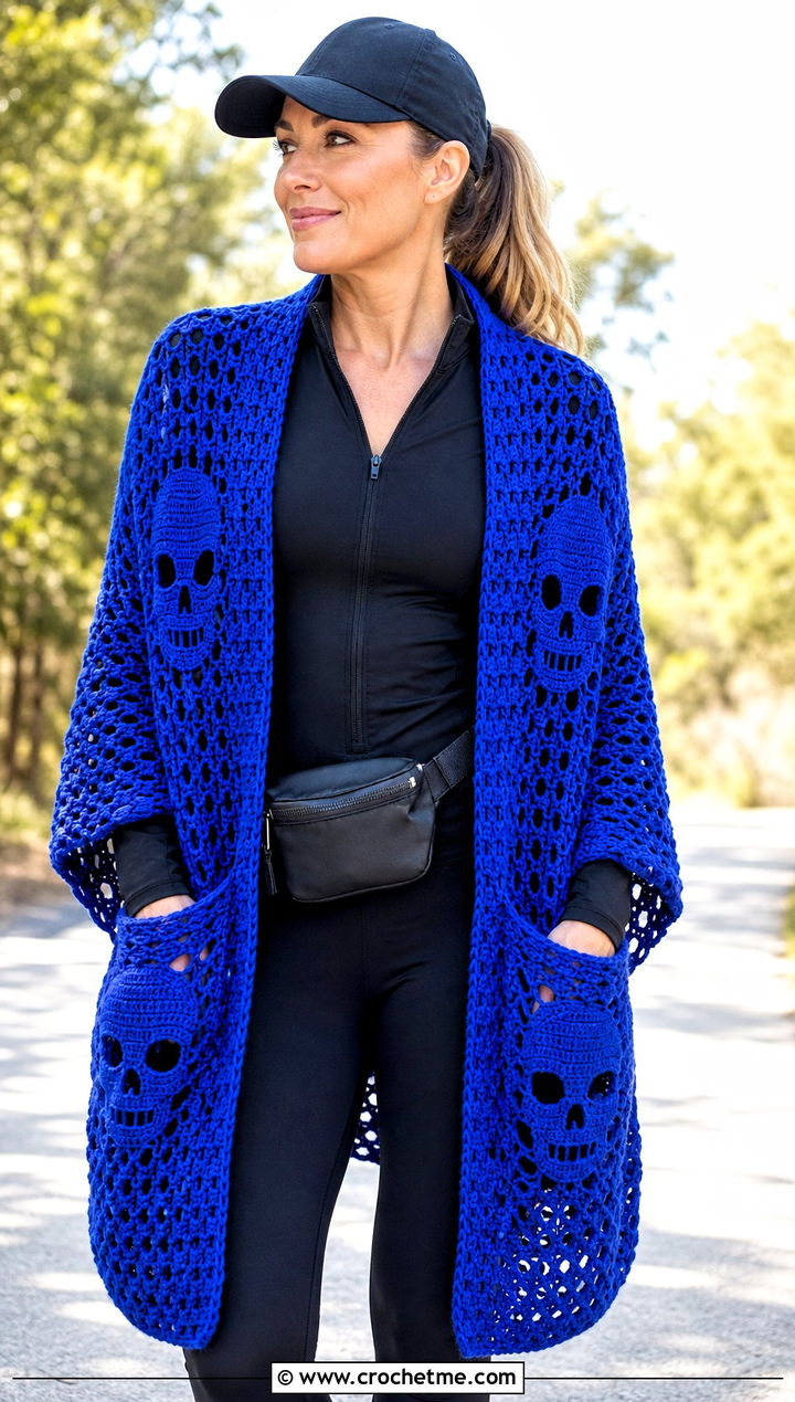 Skull Pocket Crochet Halloween Shawl With Athleisure - 20 Crochet Halloween Shawl outfit ideas