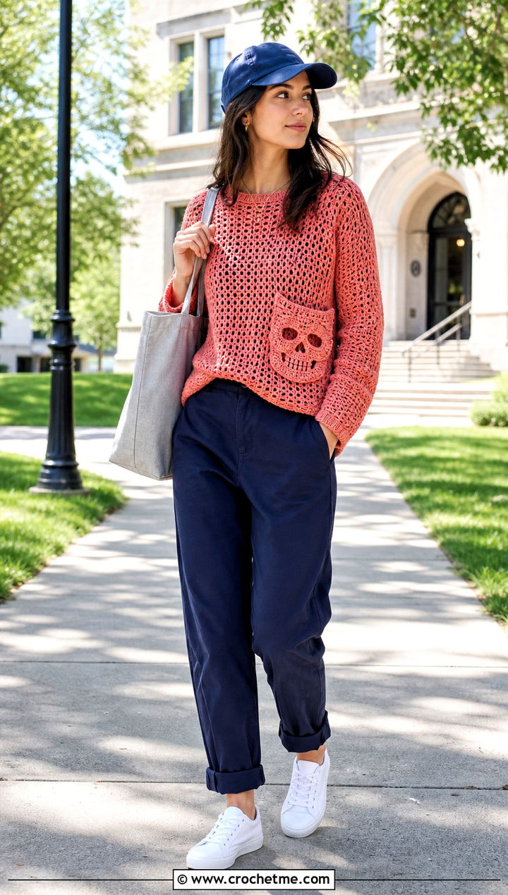 Skull Pocket Crochet Sweater With Relaxed Chinos - 35 crochet skull sweater outfit ideas