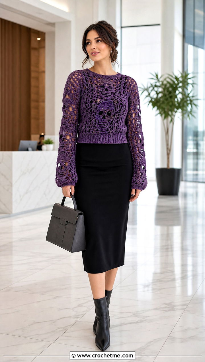 Skull Sleeve Crochet Sweater With Pencil Skirt - 35 crochet skull sweater outfit ideas