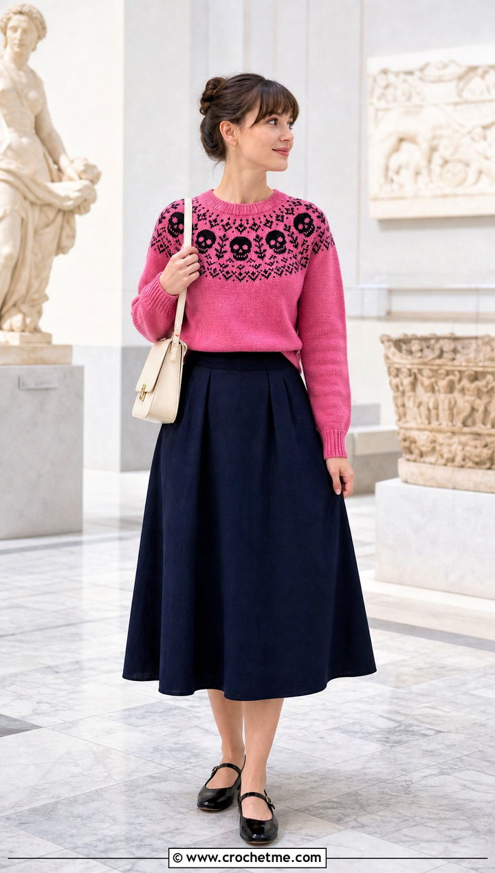 Skull Yoke Crochet Sweater With A Line Midi Skirt - 35 crochet skull sweater outfit ideas