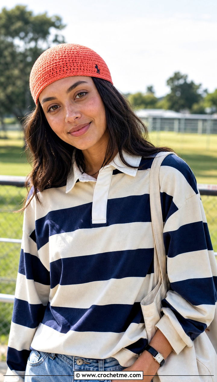 Skullcap Baseball Crochet Beanie With Rugby Shirt And Carpenter Jeans - 15 Baseball Crochet Beanie outfit ideas