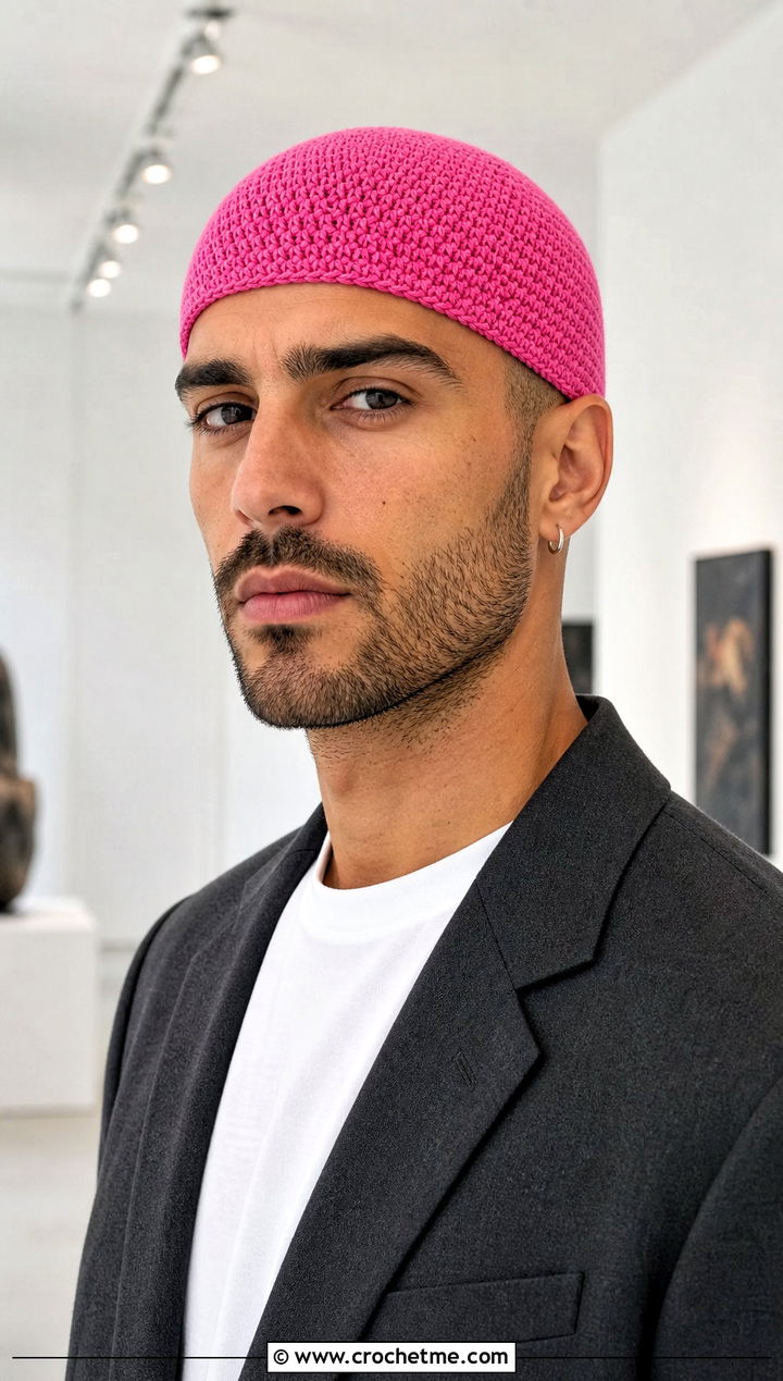 Skullcap Crochet Beanie With Blazer - 25 easy men's crochet beanie outfit ideas