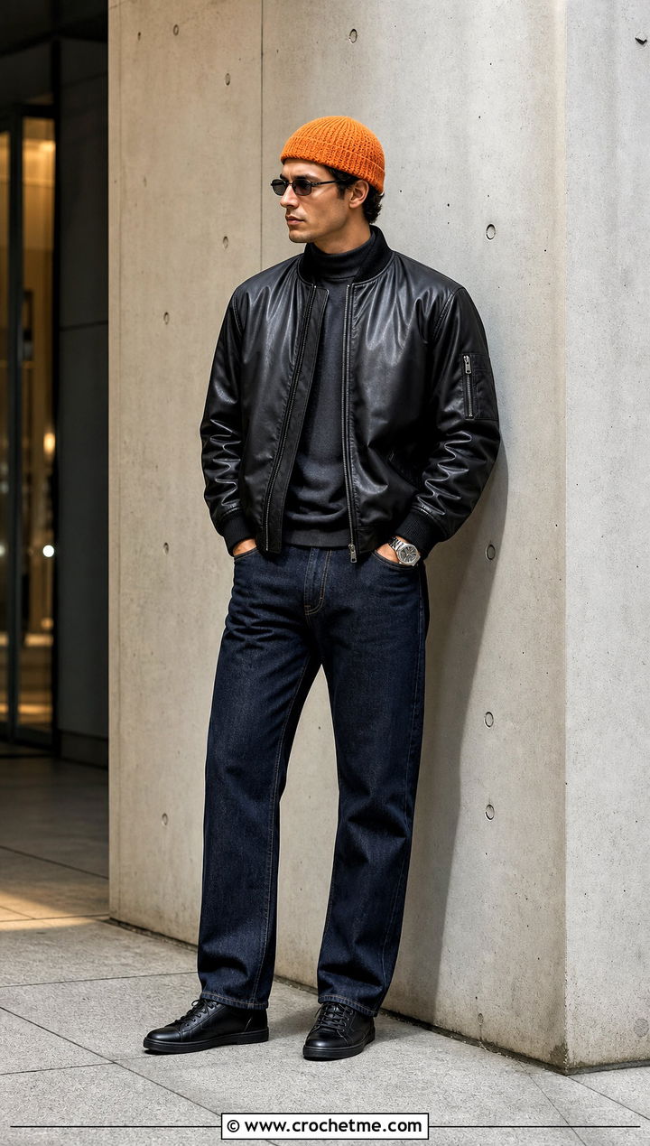 Skullcap Crochet Beanie With Leather Bomber Jacket - 35 mens crochet hat outfit ideas