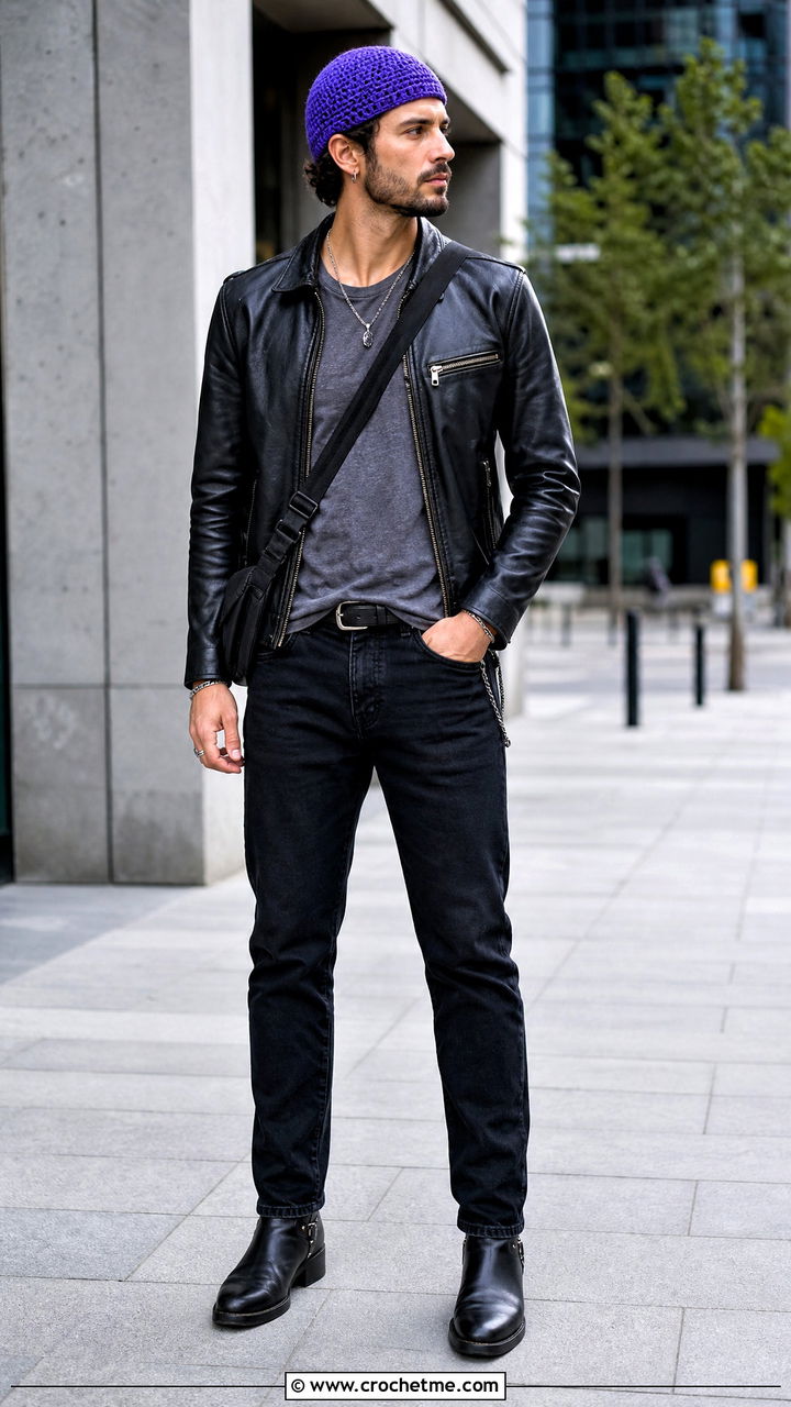 Skullcap Crochet Beanie With Leather Jacket And Black Jeans - 35 crochet beanie for men outfit ideas