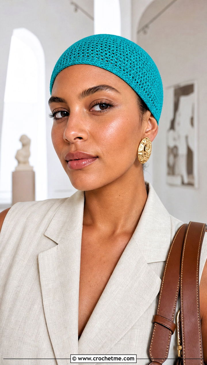 Skullcap Crochet Beanie With Linen Vest And Trousers - 30 summer crochet beanie outfit ideas