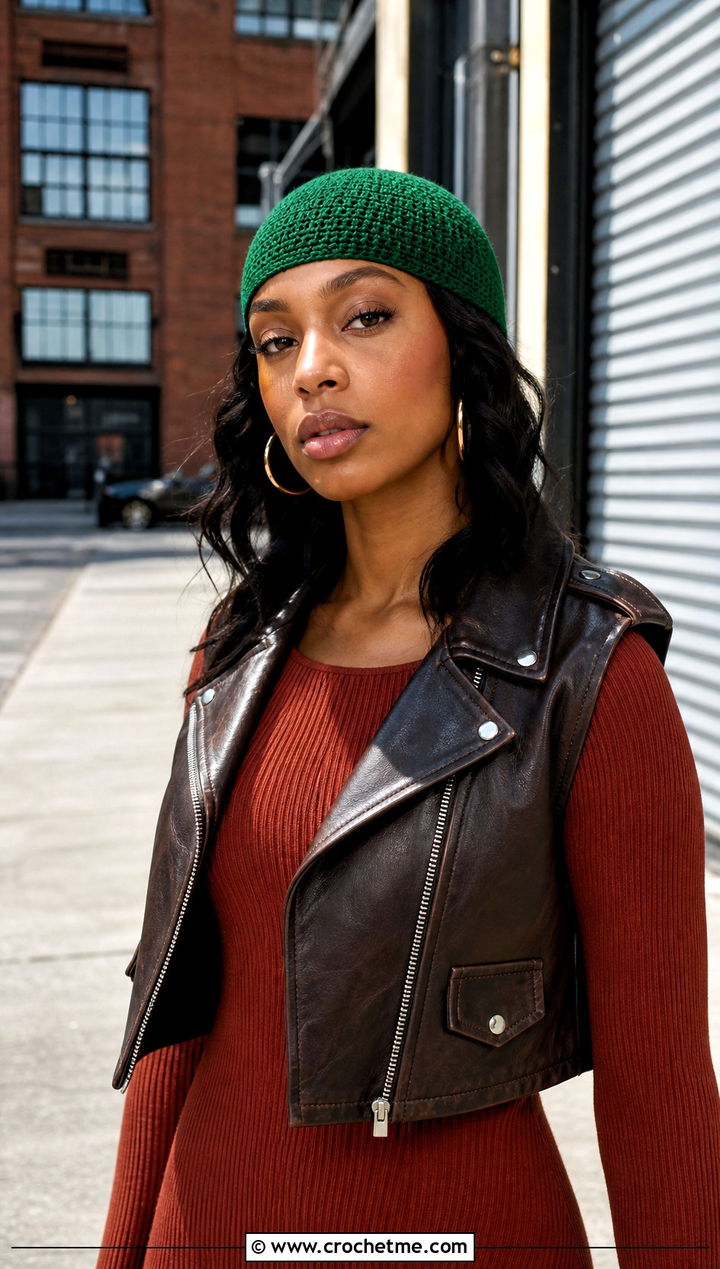 Skullcap Crochet Beanie With Moto Vest And Maxi Dress - 30 crochet fall beanie outfit ideas