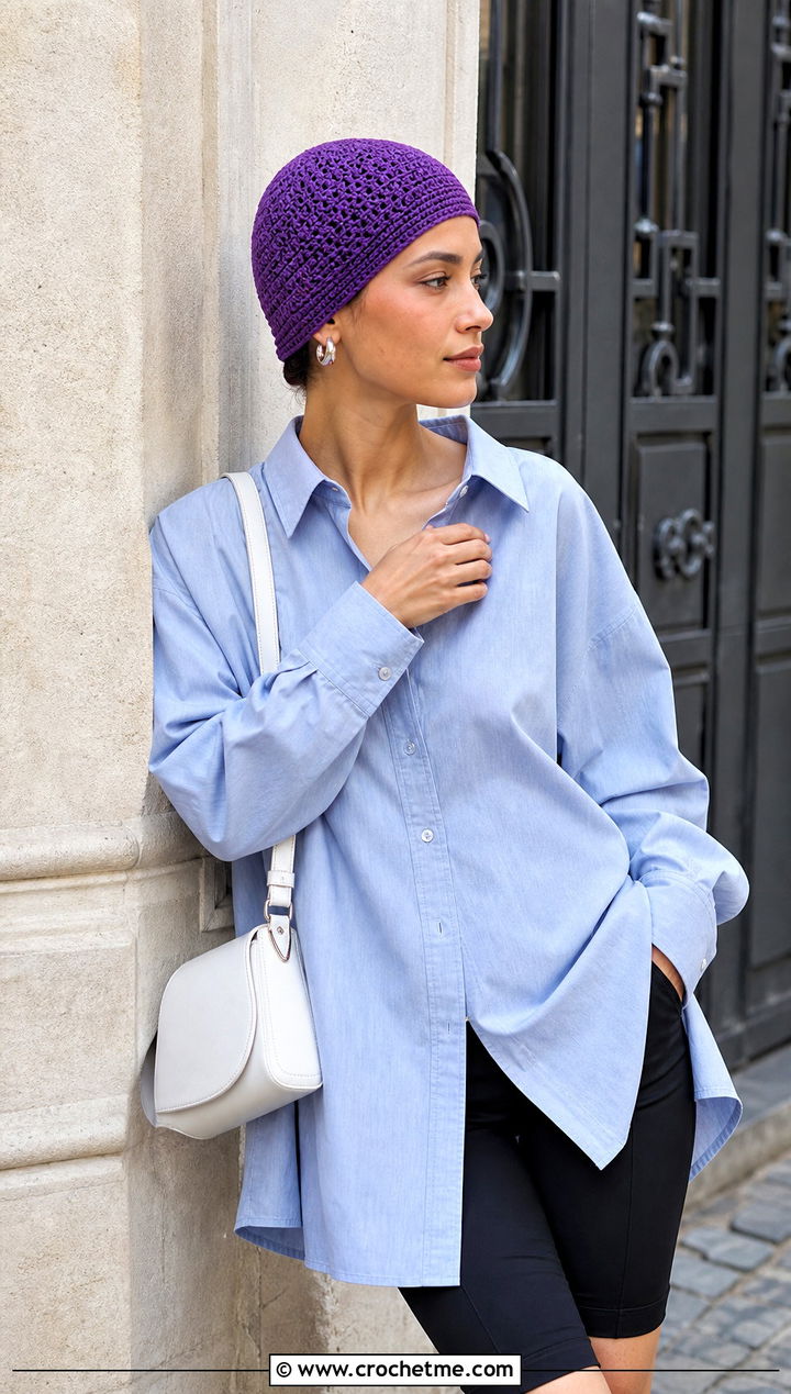 Skullcap Crochet Beanie With Oversized Shirt And Capri Pants - 20 classic crochet beanie outfit ideas