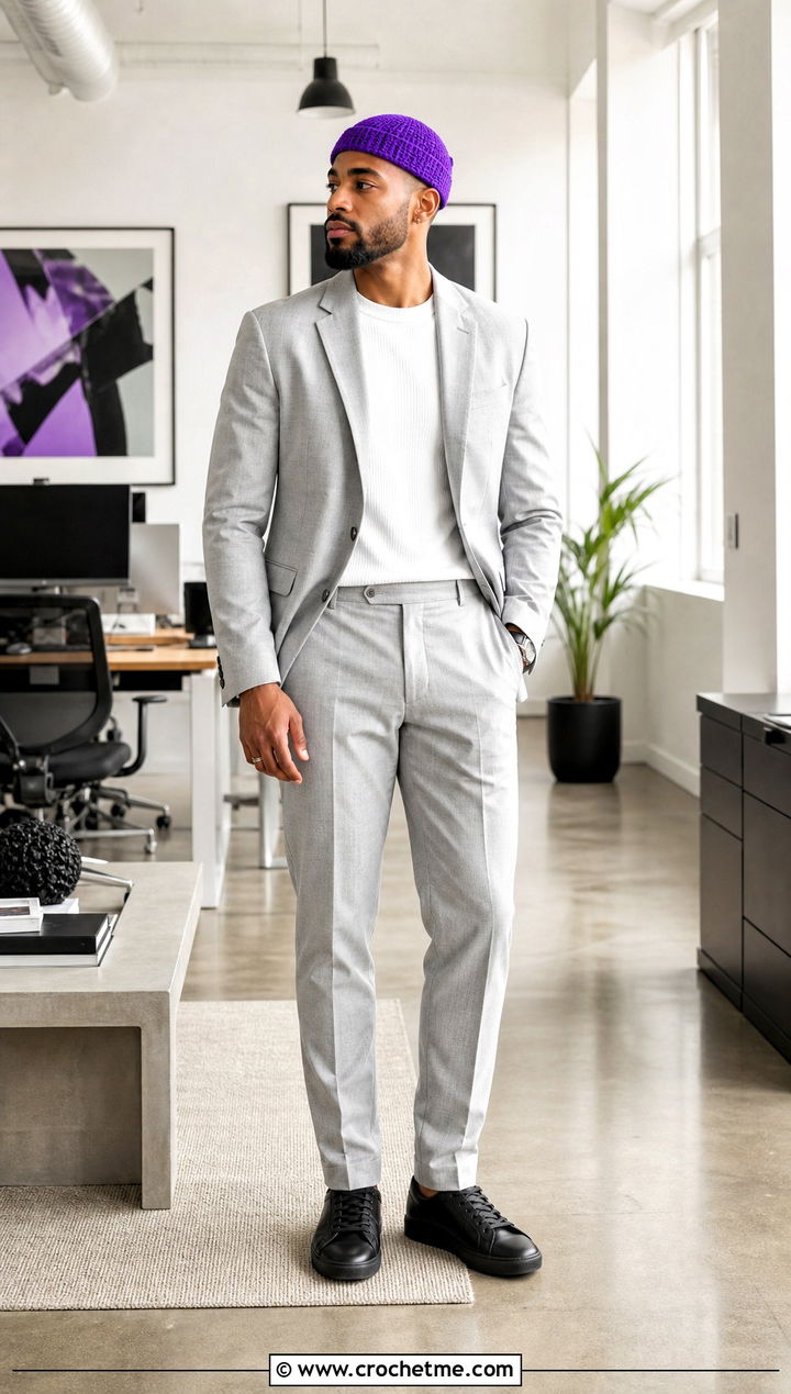 Skullcap Crochet Beanie With Tailored Suit - 35 crochet hat for man outfit ideas