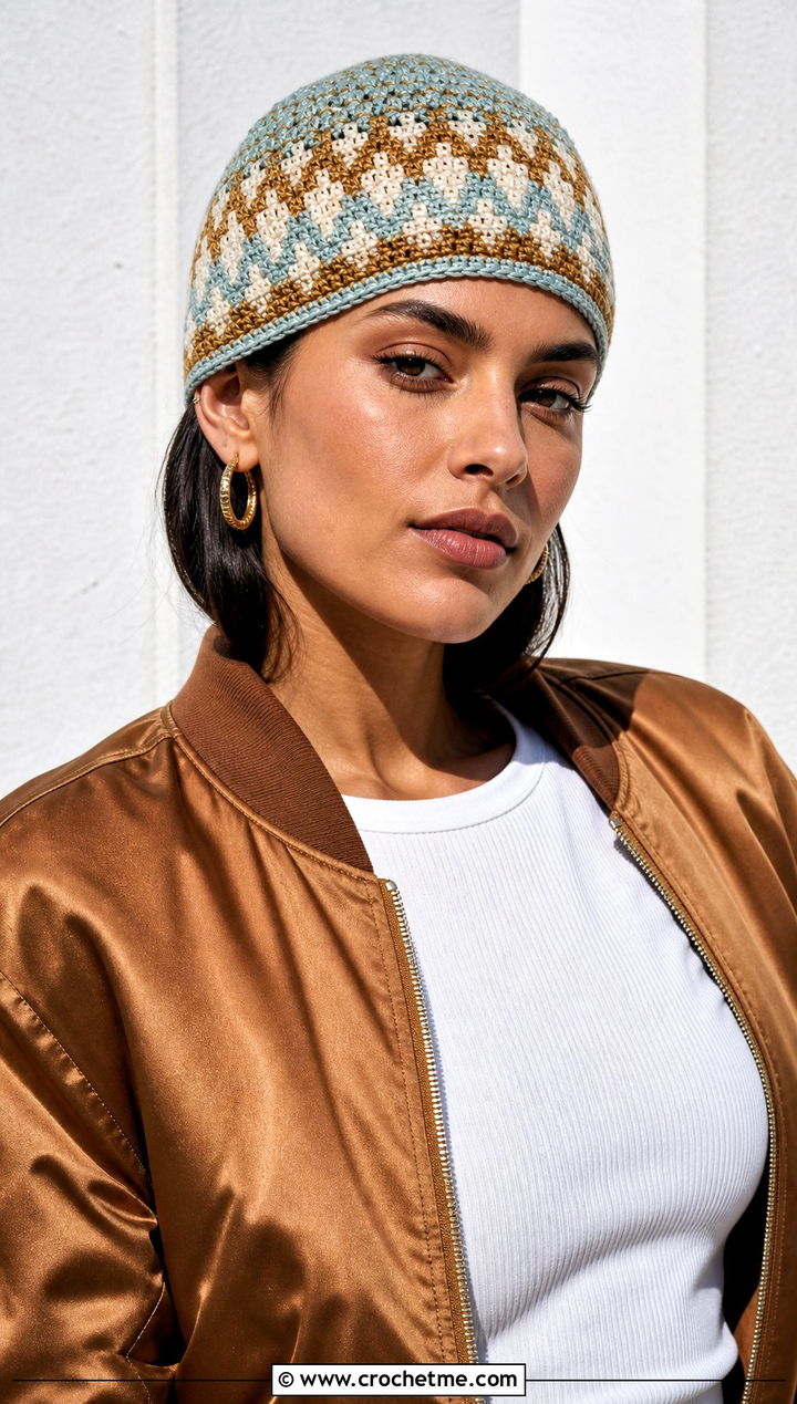 Skullcap Fair Isle Crochet Hat With Bomber Jacket - 30 fair isle crochet hat outfit ideas