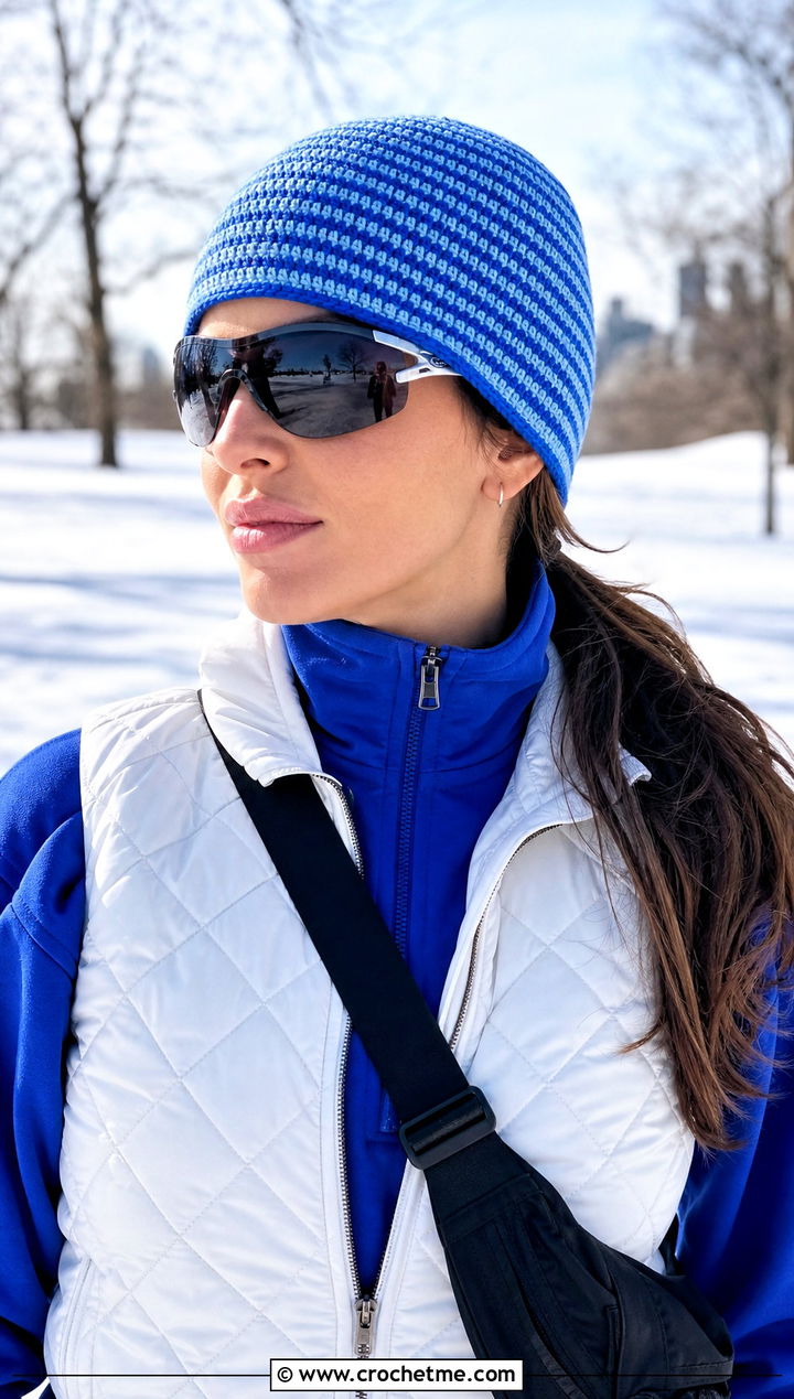 Skullcap Micro Striped Crochet Beanie With Puffer Vest - 15 Crochet Striped Beanies outfit ideas
