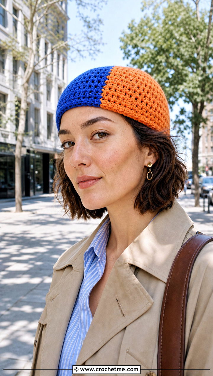 Skullcap Split Color Crochet Beanie With Trench Coat - 15 Split Color Crochet Beanie outfit ideas
