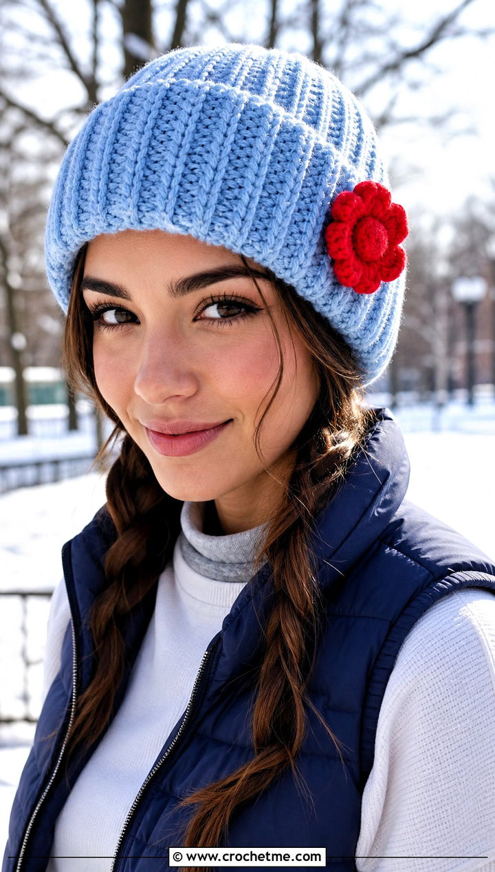 Sky Blue Crocheted Ribbed Beanie With Flower And Puffer Vest Outfit - 15 Blue Crocheted Hat With Flower outfit ideas