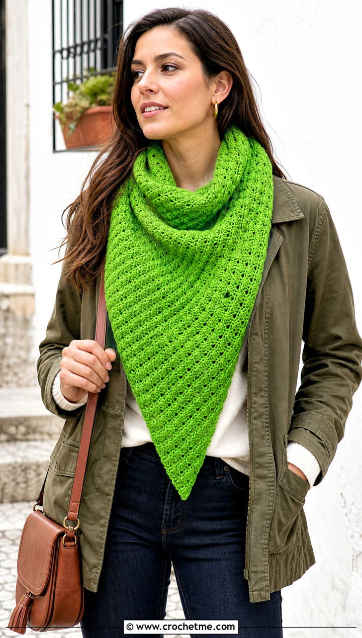 Slanted Shell Crochet Scarf With Utility Jacket - 20 Shell Crochet Scarf outfit ideas