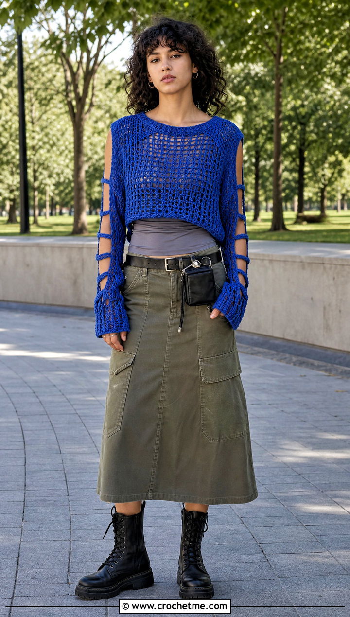 Slashed Sleeve Crochet Grunge Sweater With Utility Skirt - 30 crochet grunge sweater outfit ideas