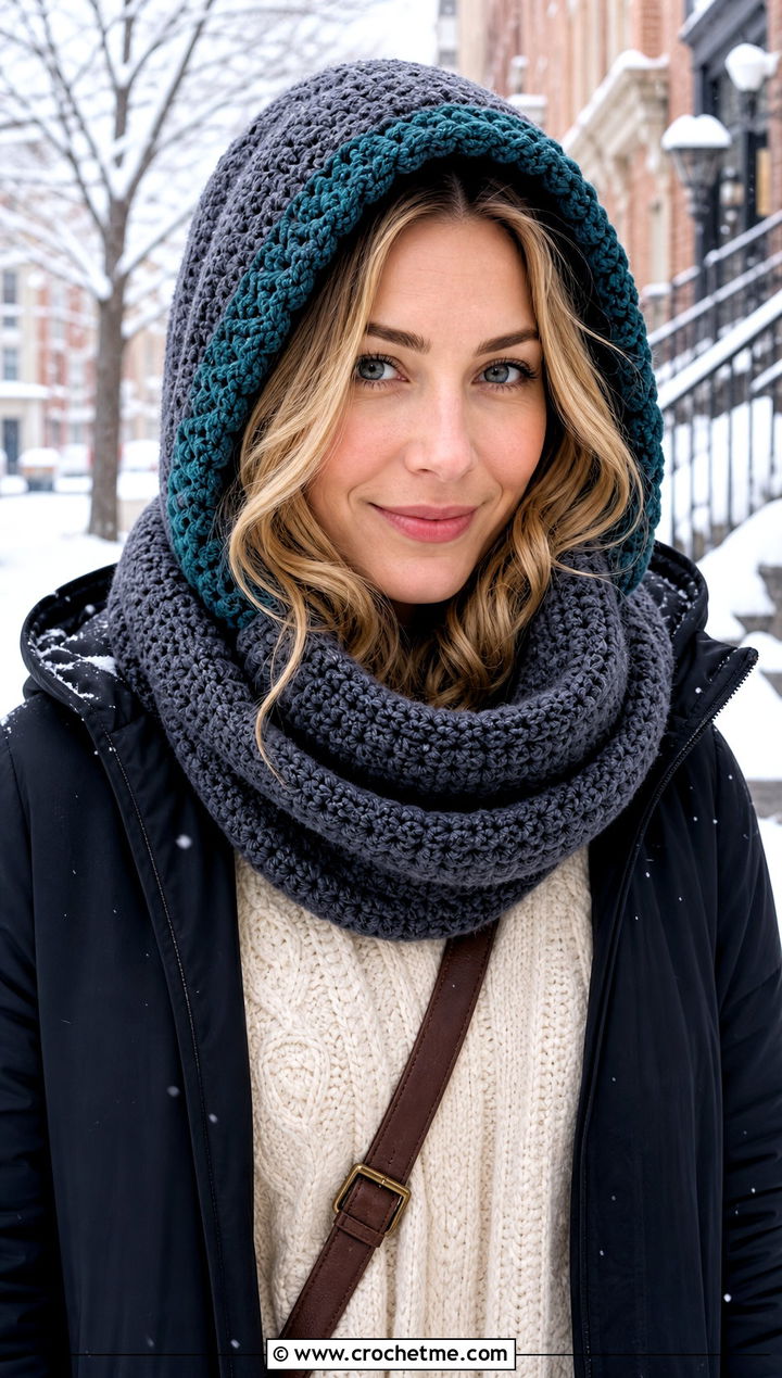 Slate Hooded Cowl Crochet Scarf With Parka And Boots - 15 neutral tone crochet scarf outfit ideas