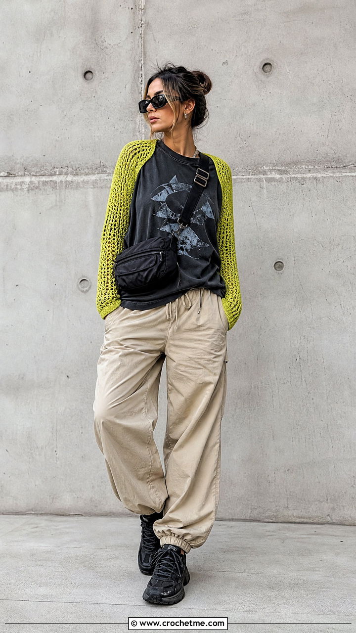 Sleeve Only Crochet Shrug With Graphic T Shirt - 35 easy crochet shrug outfit ideas