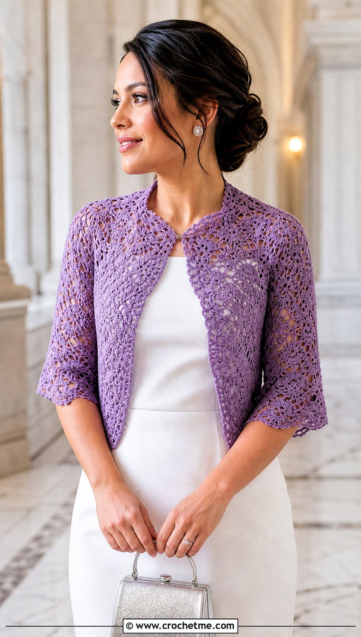 Sleeved Crochet Bridal Shawl With Tea Length City Hall Dress - 25 Crochet Bridal Shawl outfit ideas