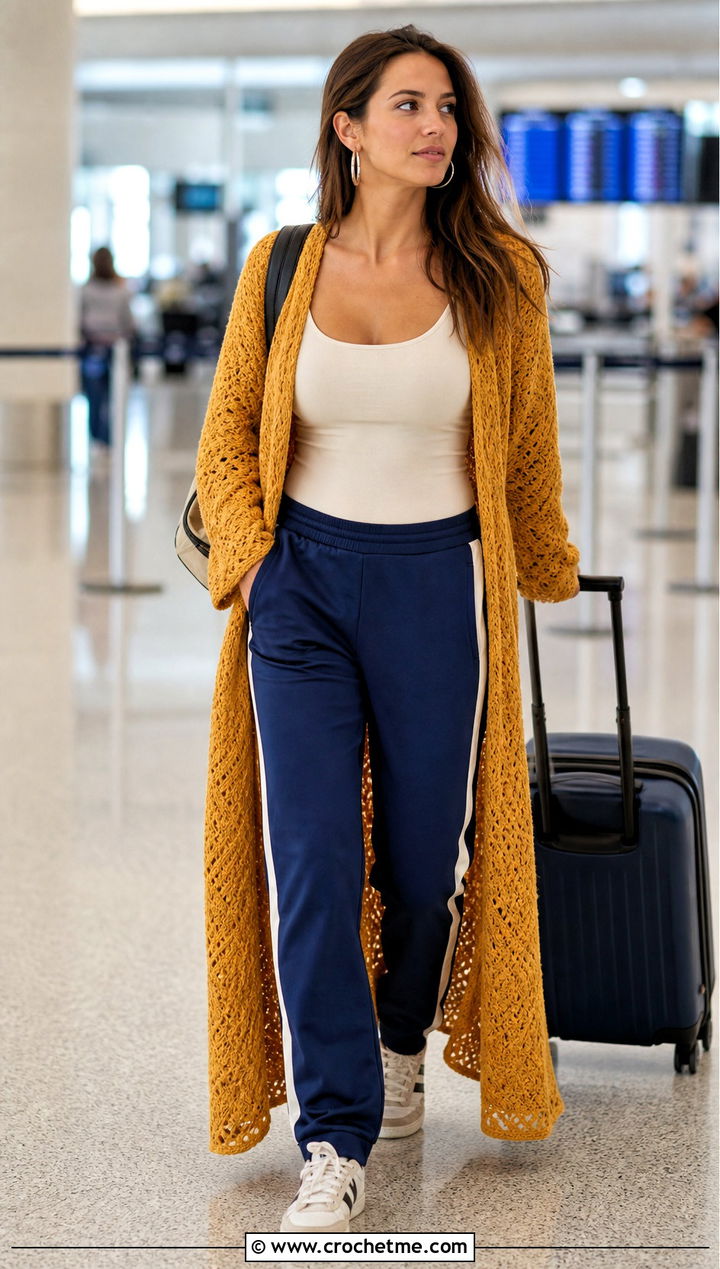 Sleeved Crochet Long Poncho With Track Pants - 15 Crochet Long Poncho outfit ideas