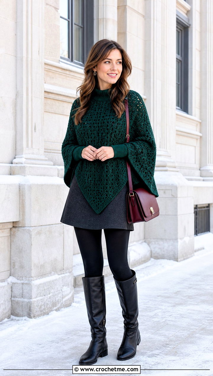 Sleeved Crochet Poncho With A Line Mini Skirt - 30 woman winter crochet poncho outfit ideas