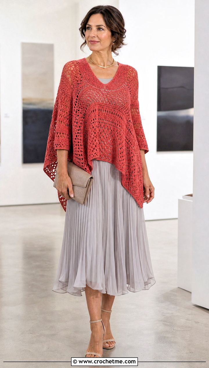 Sleeved Crochet Poncho With A Pleated Midi Skirt - 25 Simple Crochet Poncho outfit ideas