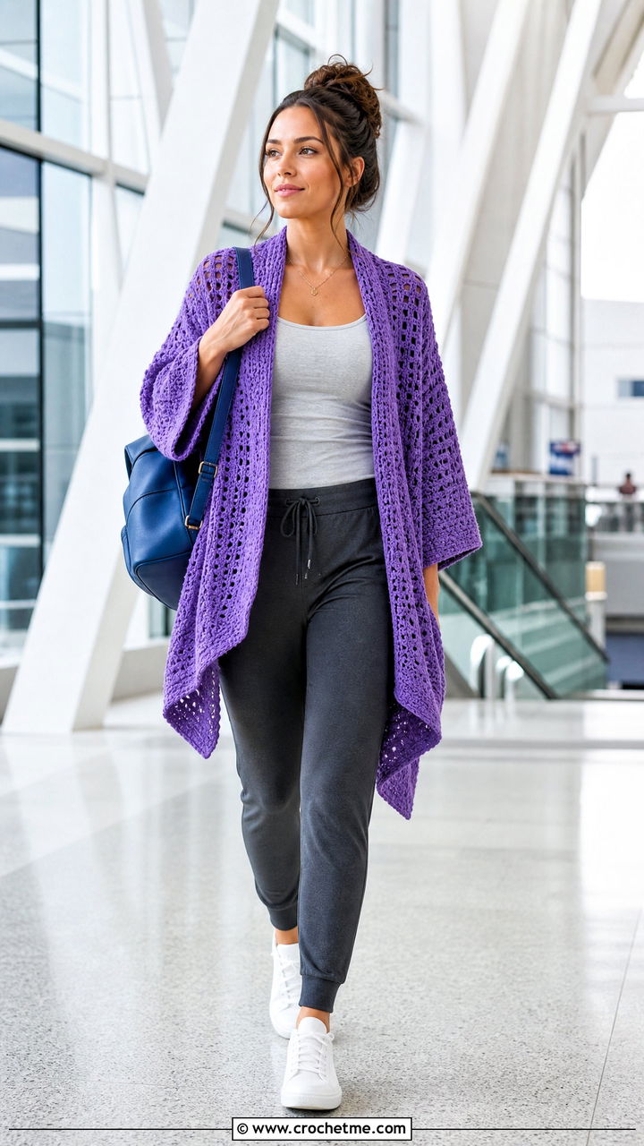 Sleeved Crochet Poncho With Joggers And Trainers - 35 crochet ponchos outfit ideas