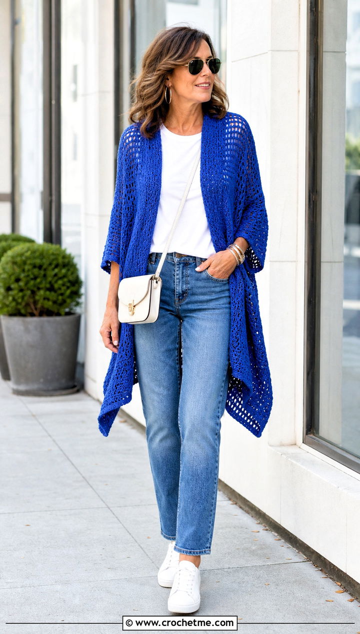 Sleeved Crochet Sweater Shawl With Straight Leg Jeans - 25 crochet sweater shawl outfit ideas