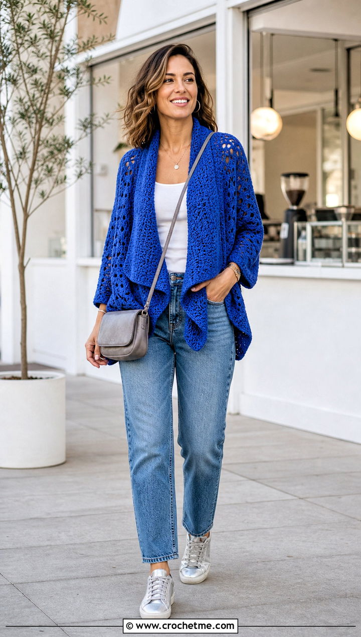 Sleeved Crochet Sweater Wrap With Straight Jeans - 30 crochet sweater wrap outfit ideas
