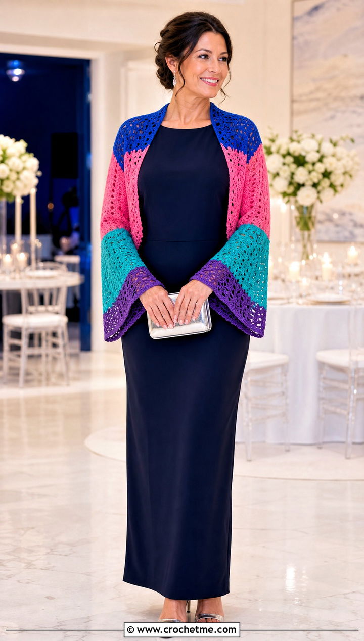 Sleeved Crochet Wrap Shrug With Formal Maxi Dress - 25 crochet shrug wrap outfit ideas