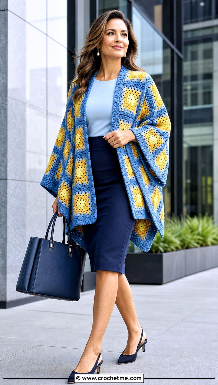 Sleeved Granny Square Poncho With Pencil Skirt - 35 granny square poncho outfit ideas