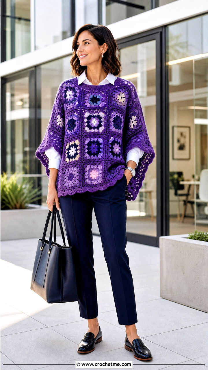 Sleeved Granny Square Poncho With Tailored Pants - 35 crochet granny square poncho outfit ideas